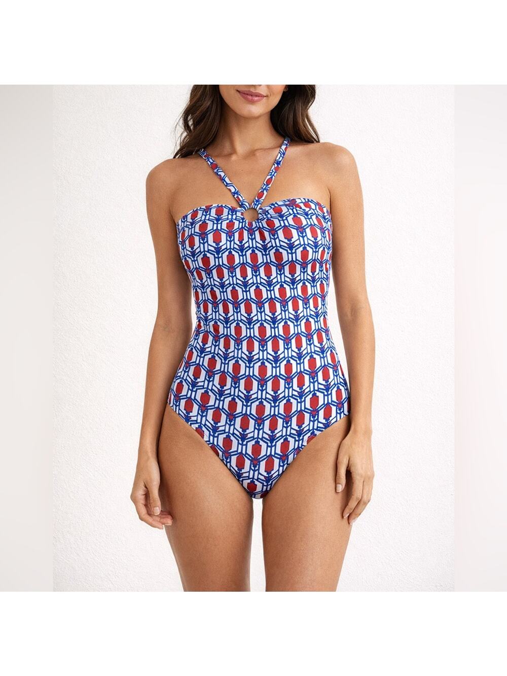 New Anthropologie Swimsuit Geometric‎ Blue Motif Tile One Piece Sz L